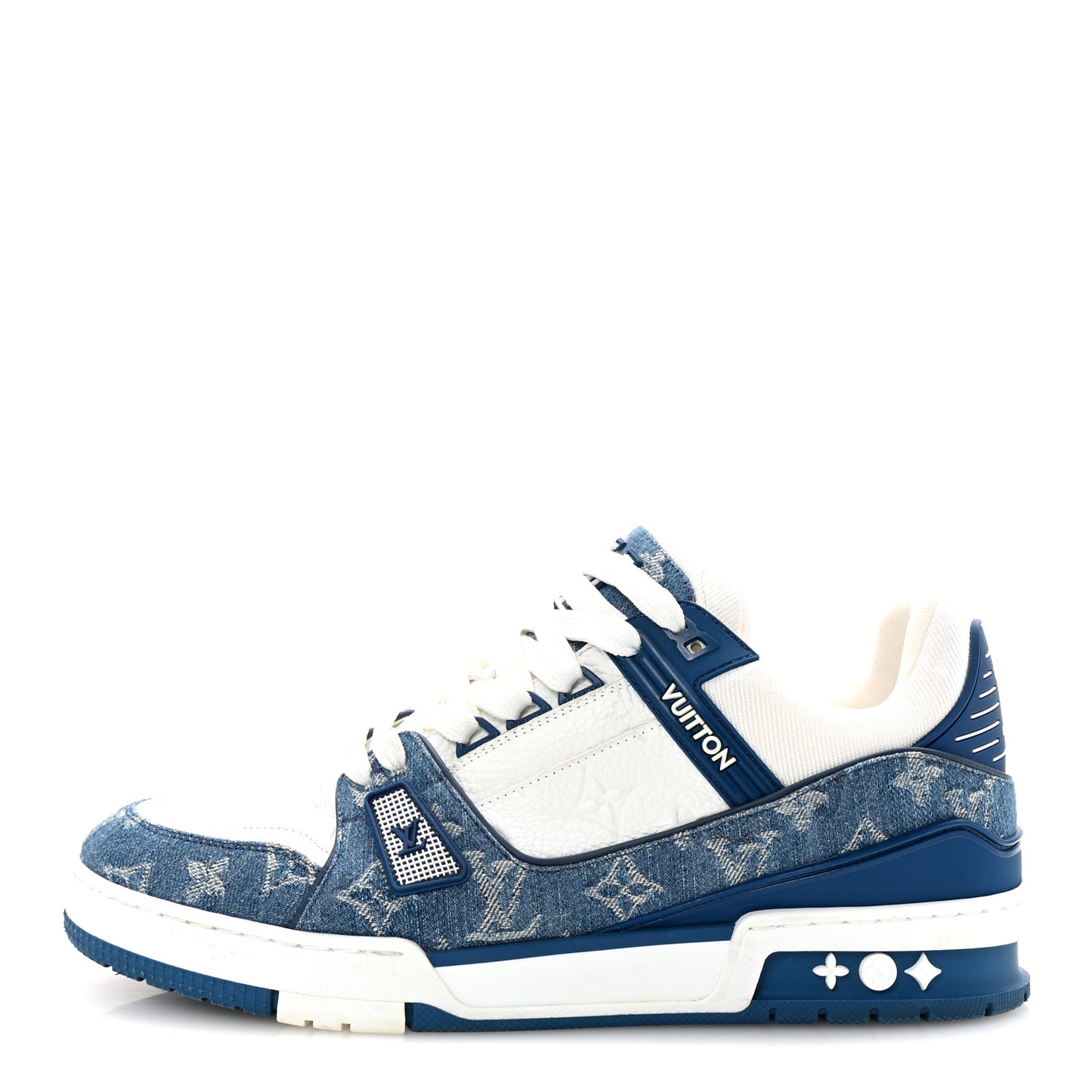 Calfskin Embossed Monogram Denim Mens LV Trainer Sneakers 8 Blue
