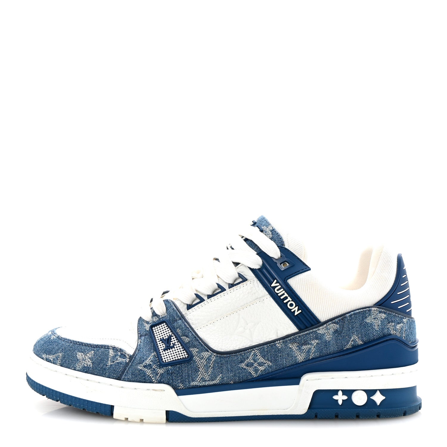 Louis Vuitton Calfskin Embossed Monogram Denim Mens LV Trainer Sneakers 8 Blue 1 of 10