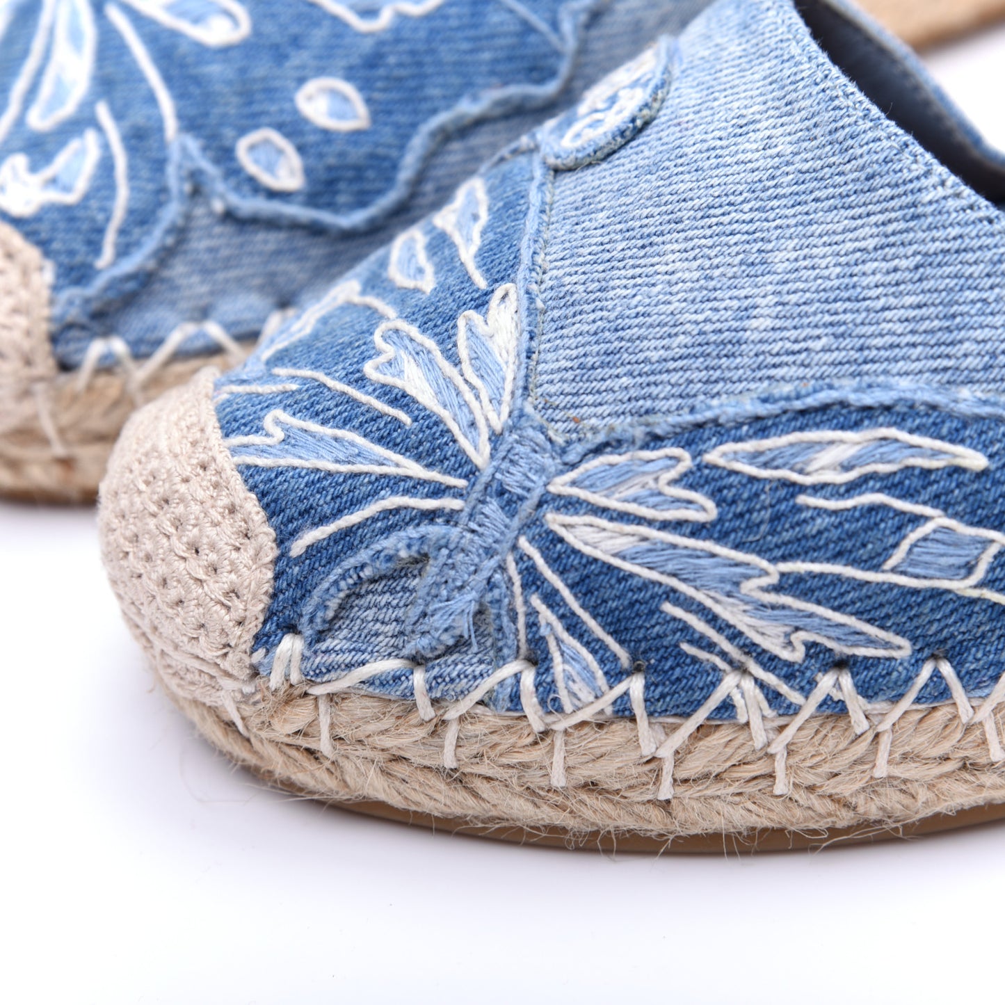 Denim Butterfly Embroidered Rockstud Ankle Wrap Espadrille 15/85mm Wedges 36 Light Denim