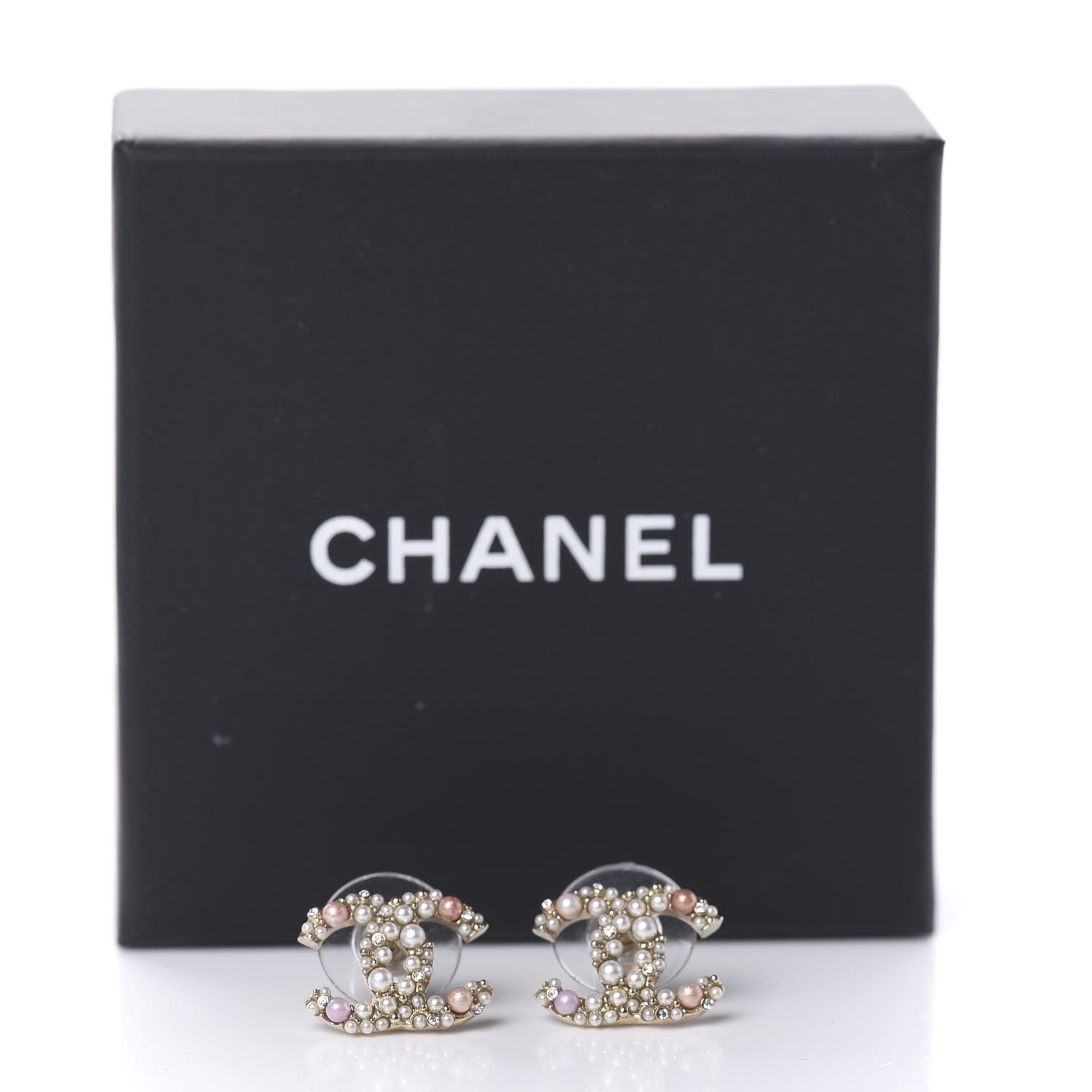 Chanel Pearl Crystal CC Charms Stud Earrings Light Gold Pink 5 of 5
