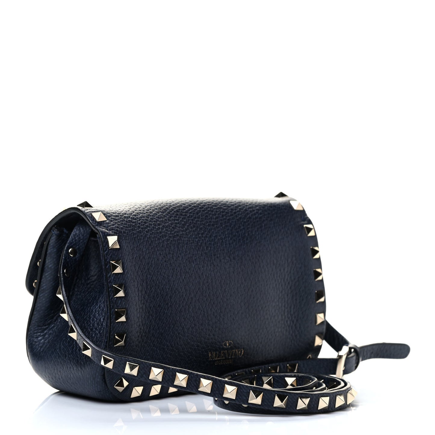 Pebbled Calfskin Mini Rockstud Flap Saddle Crossbody Bag Deep Denim