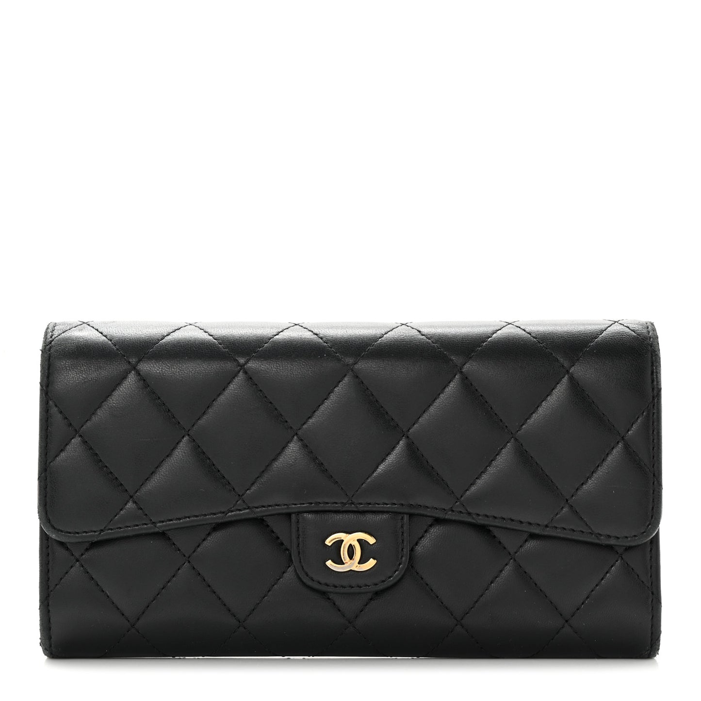 Lambskin Quilted Large Flap Gusset Wallet Black