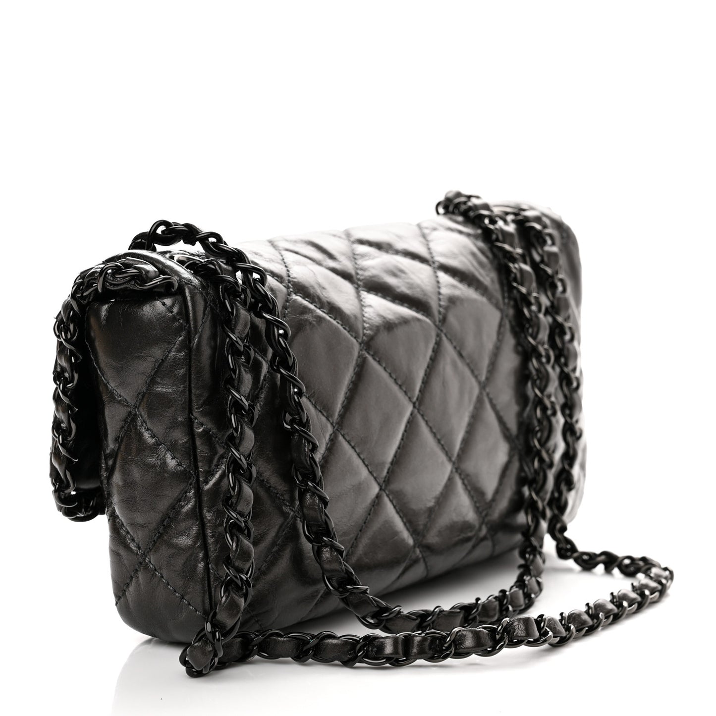 Metallic Aged Calfskin Quilted Small Chain Me Flap Black