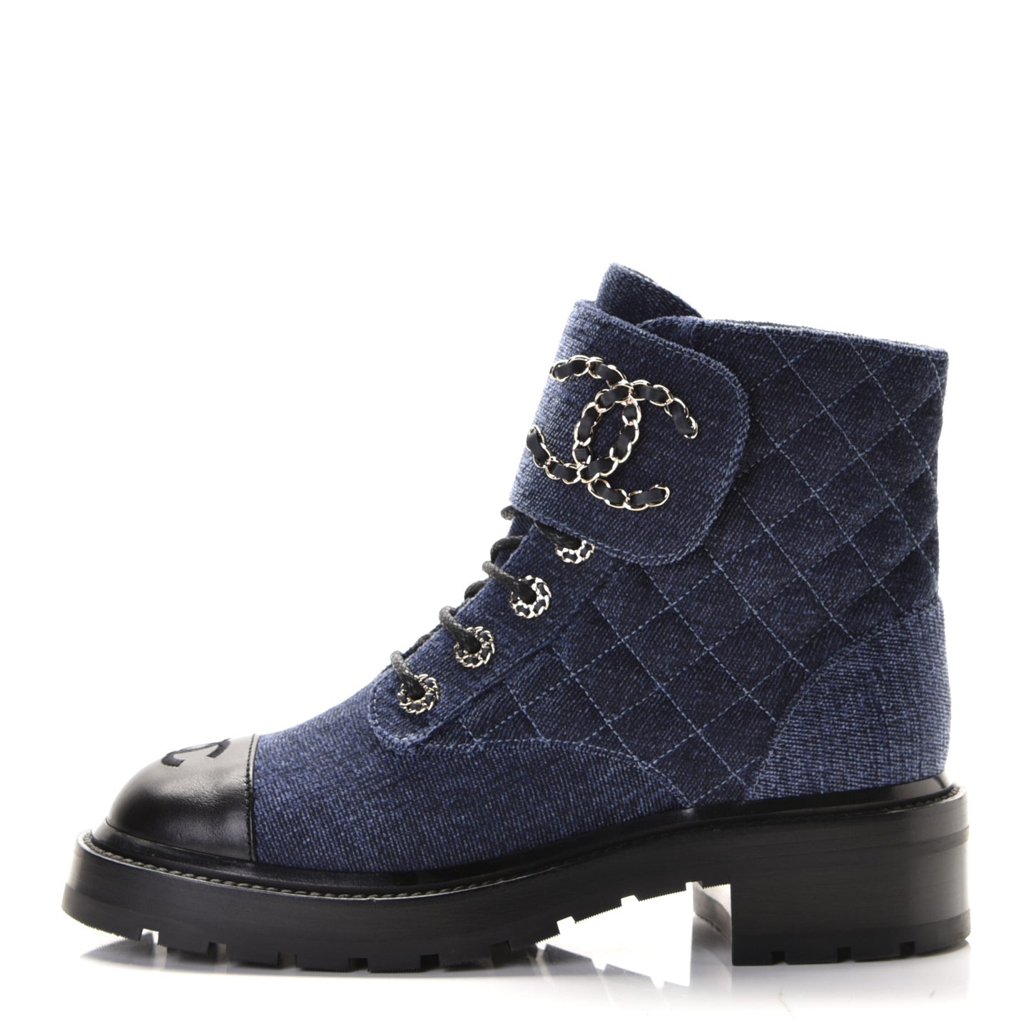 Denim Calfskin Quilted Lace Up Combat Boots 38 Blue