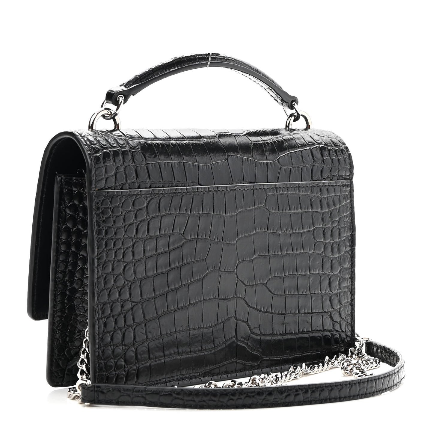Calfskin Crocodile Embossed Monogram Sunset Top Handle Chain Wallet Black