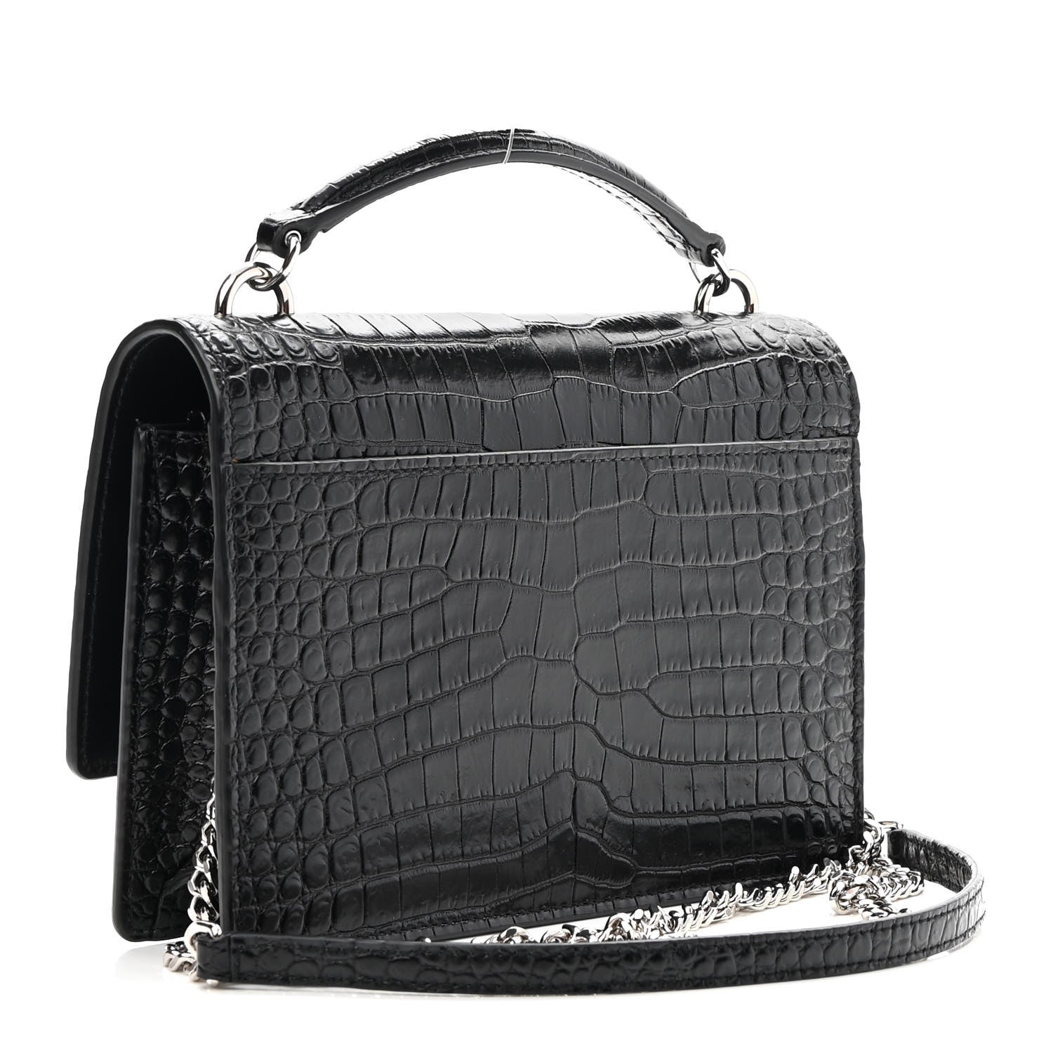 Saint Laurent Calfskin Crocodile Embossed Monogram Sunset Top Handle Chain Wallet Black 3 of 8