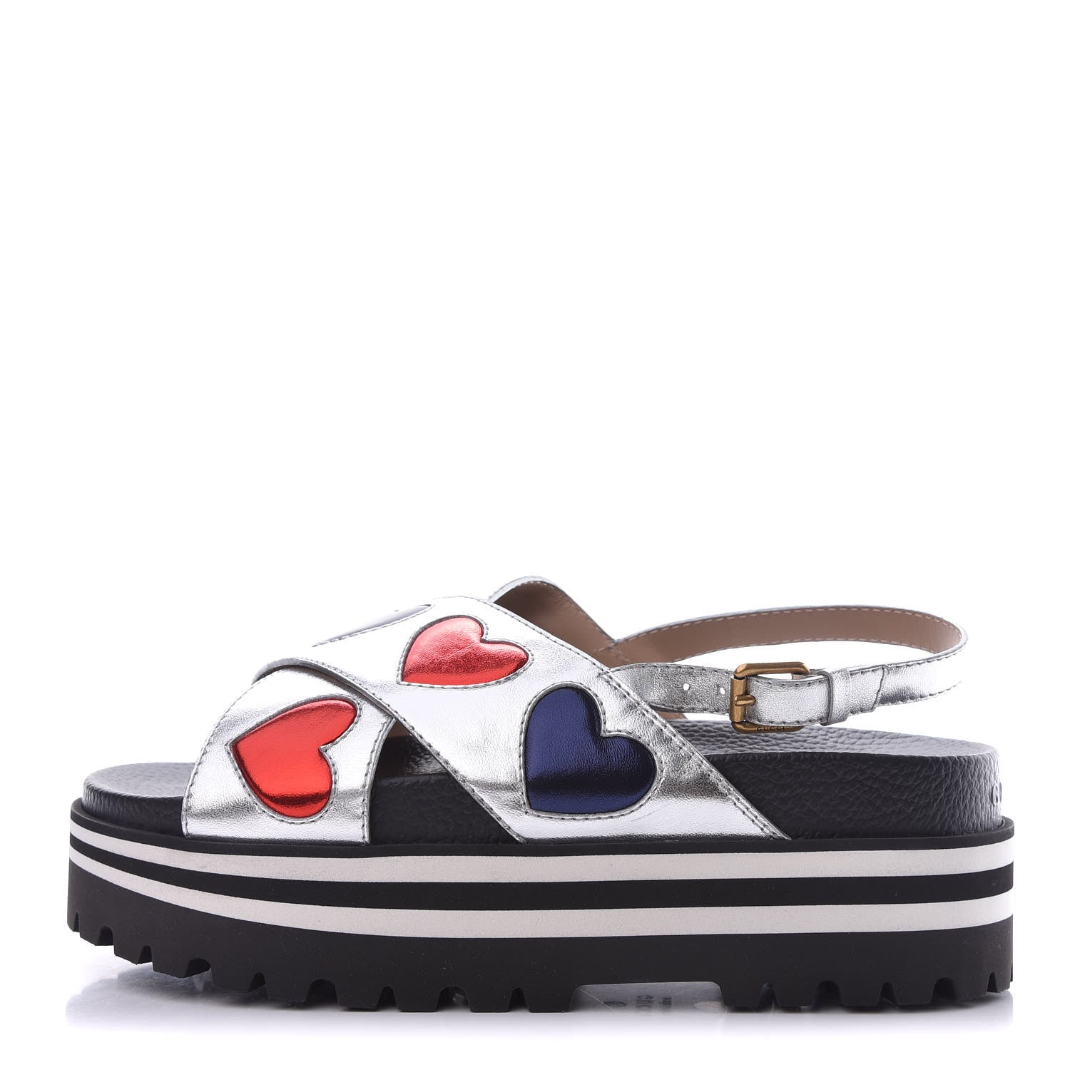 Gucci Metallic Nappa Silk Sunrise Heart Crossover Platform Lug Sole Sandals 38.5 Argento 1 of 8