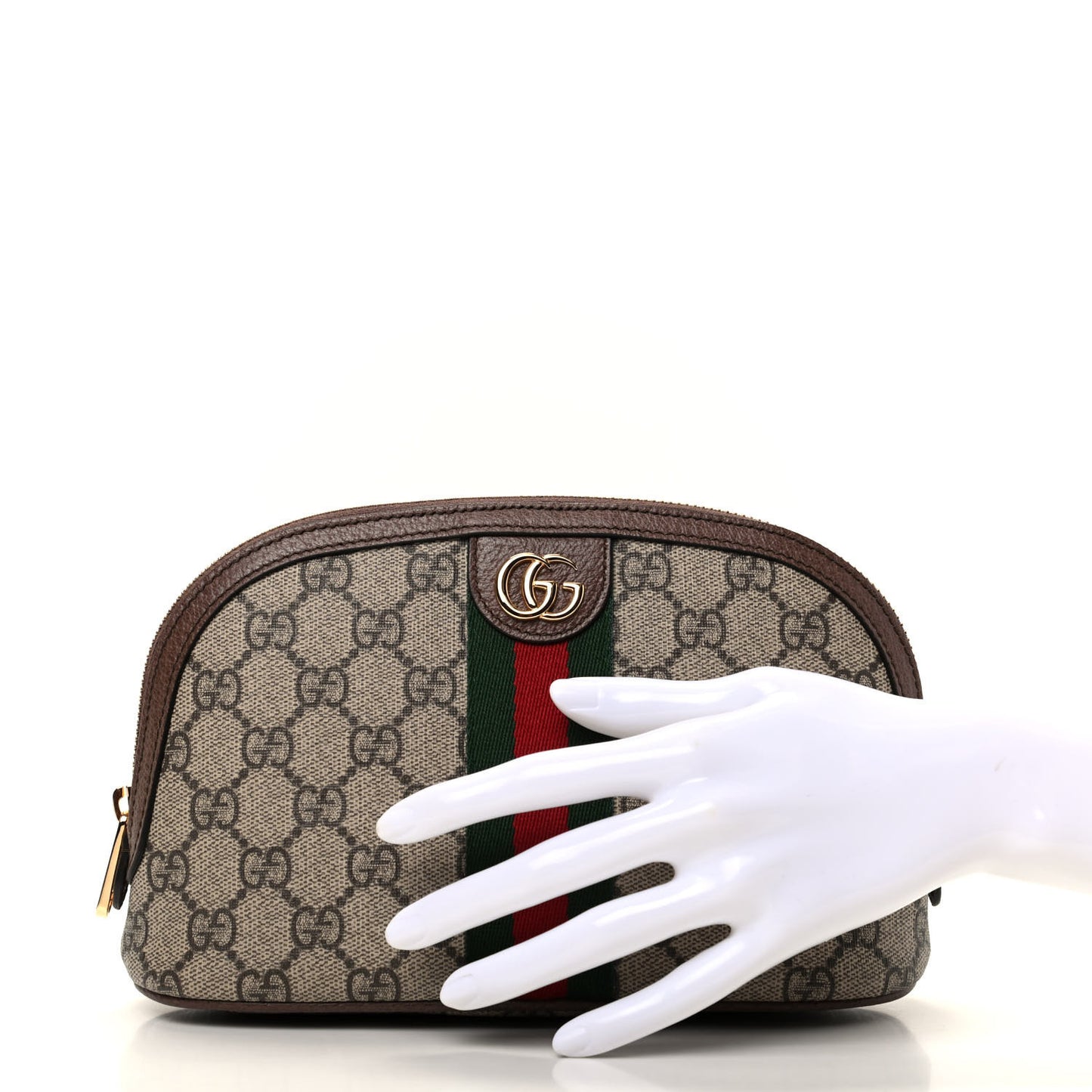 GG Supreme Monogram Textured Calfskin Web Large Ophidia Cosmetic Case Beige Ebony New Acero