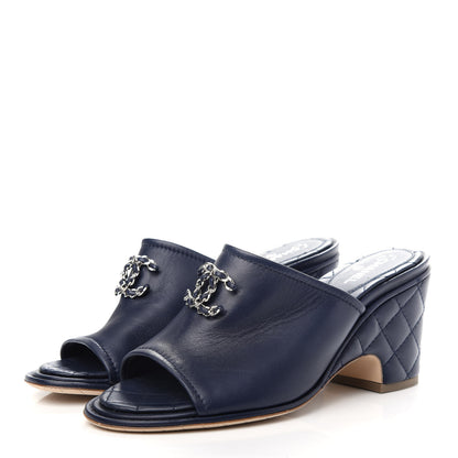 Chanel Lambskin Quilted CC Chain Mules 38.5 Navy Blue 3 of 9