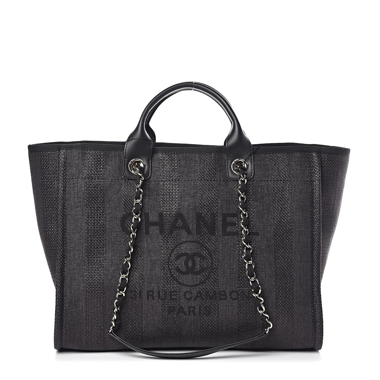 Mixed Fibers Calfskin Striped Medium Deauville Tote Black