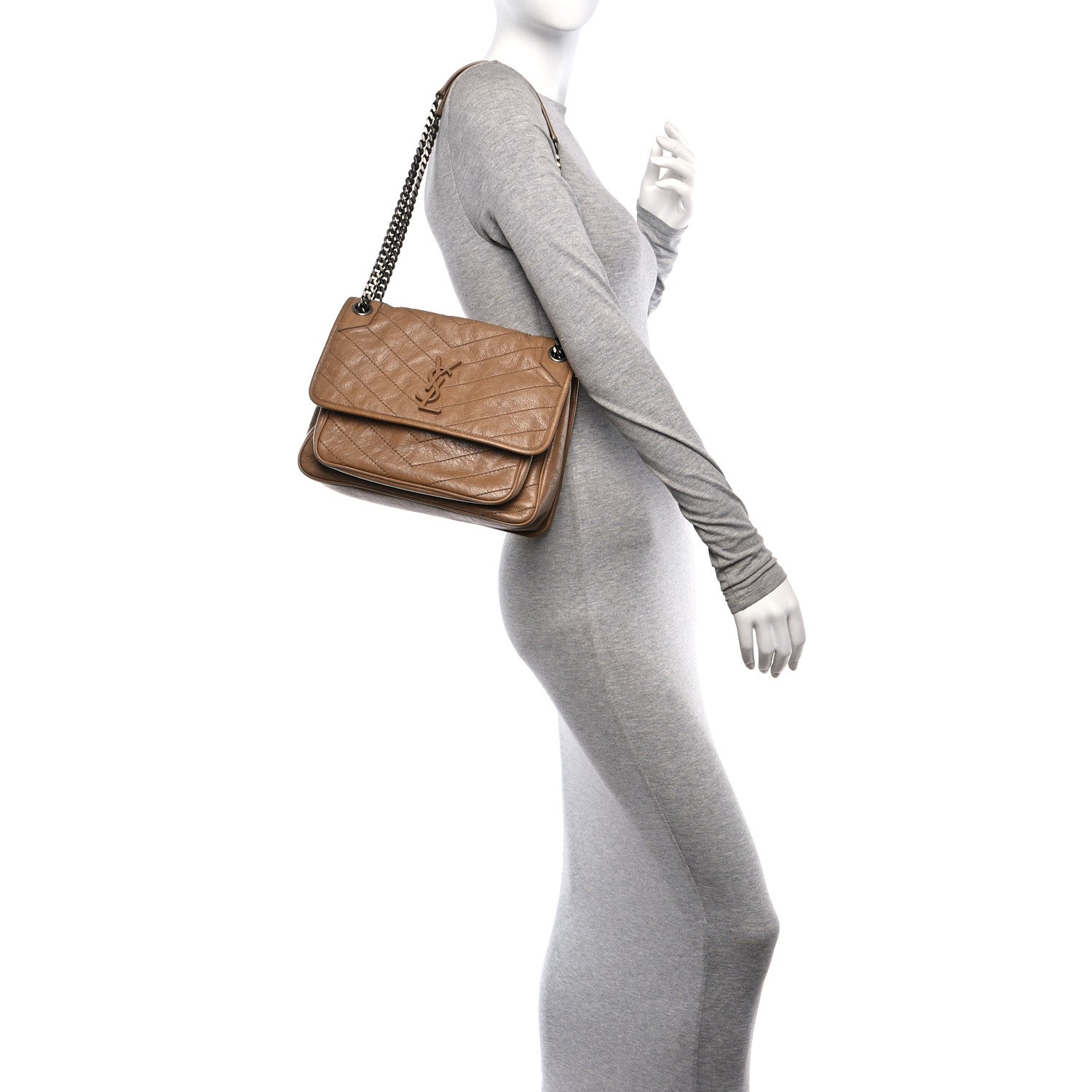 Saint Laurent Crinkled Calfskin Matelasse Monogram Medium Niki Chain Satchel Natural Tan 2 of 10