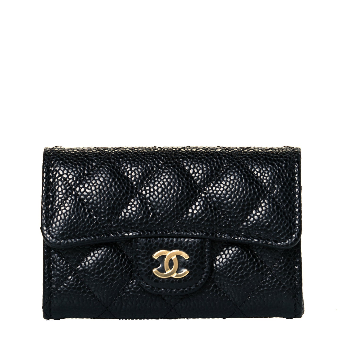 Caviar Quilted Flap Card Holder Wallet Black