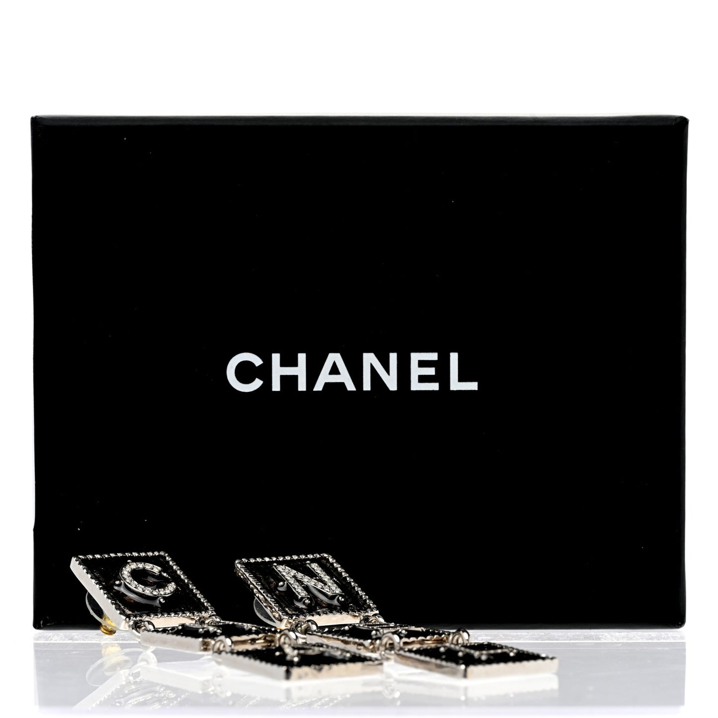 Metal Crystal Cha-Nel Logo Drop Earrings Silver