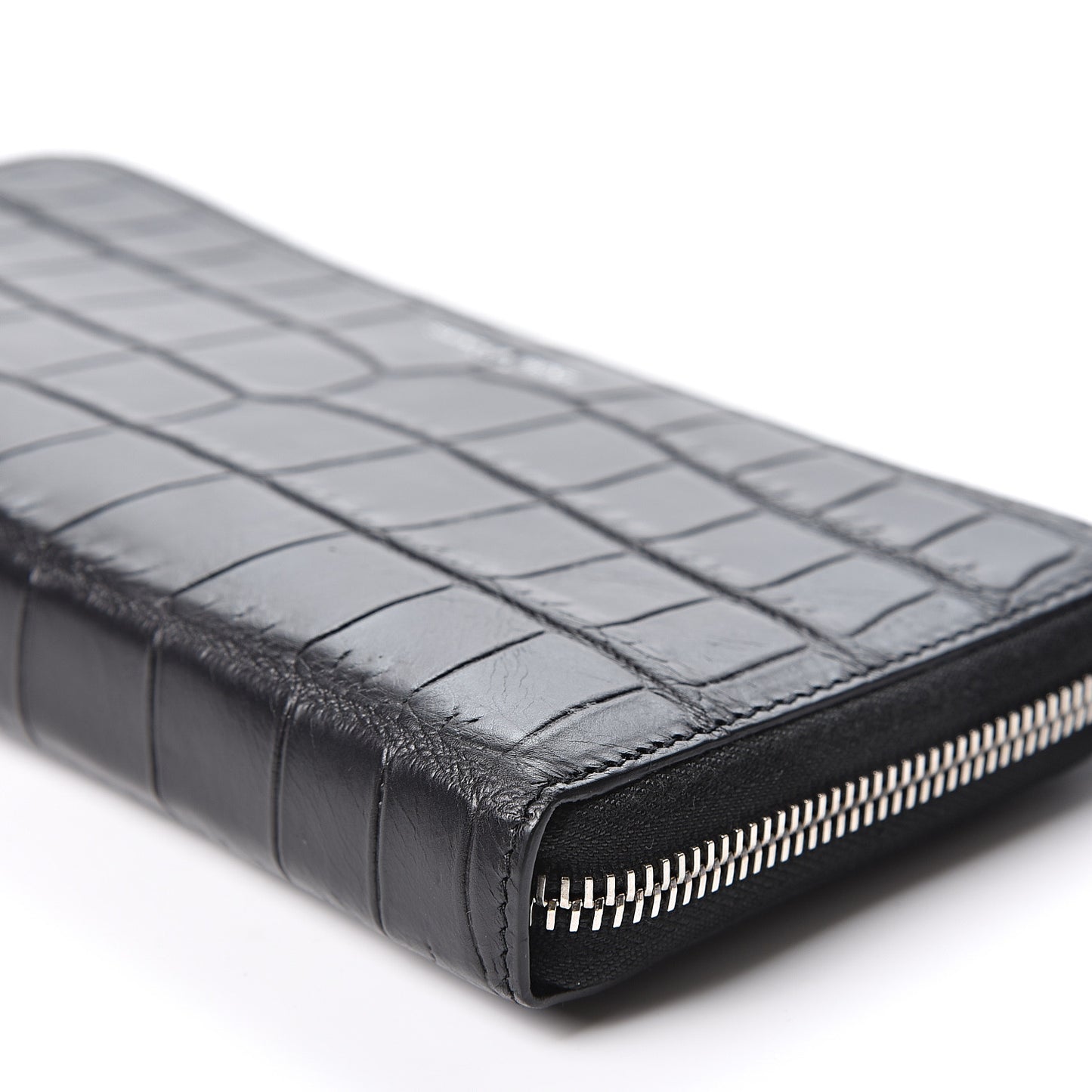 Calfskin Crocodile Embossed Zip Around Continental Wallet Black