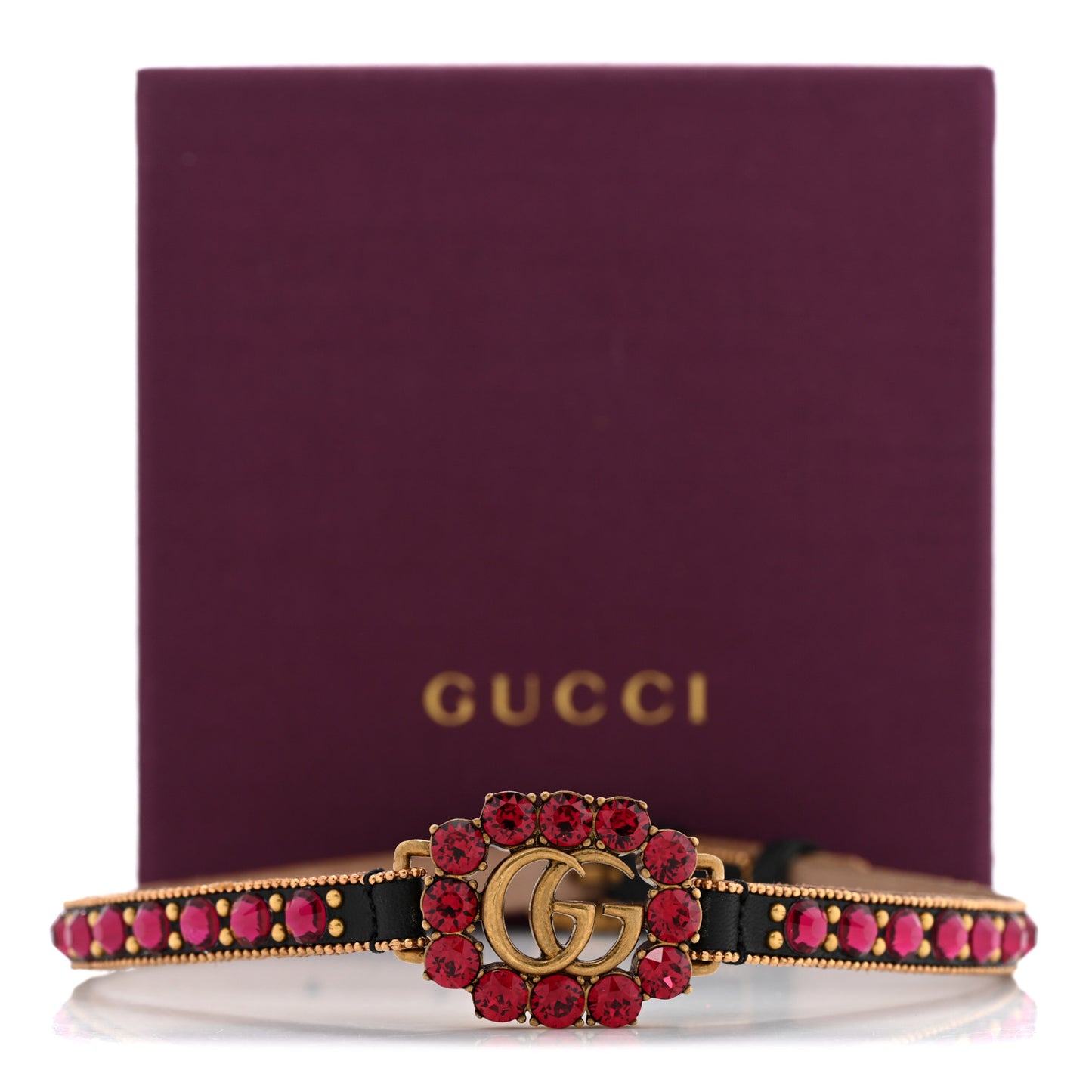 Calfskin Crystal Embellished Double G Choker Necklace Red