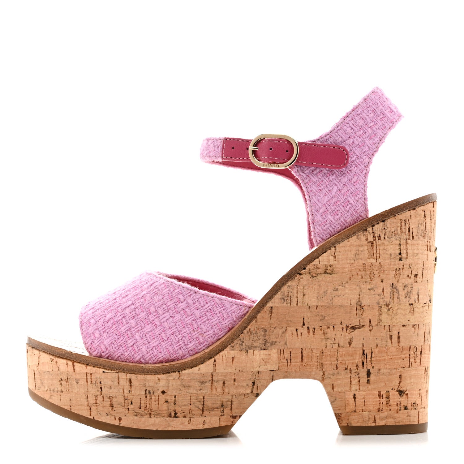 Chanel Tweed Cork CC Wedge Sandals 37.5 Pink 1 of 9
