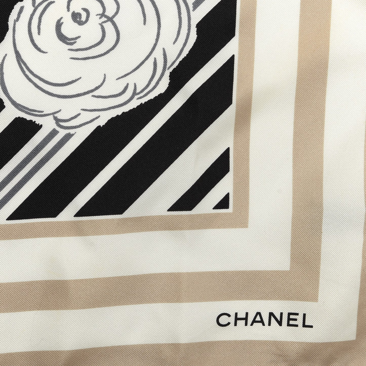 Silk Camellia CC Square Scarf Beige Black White