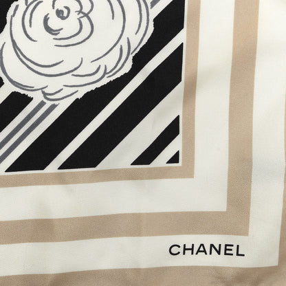 Chanel Silk Camellia CC Square Scarf Beige Black White 3 of 8