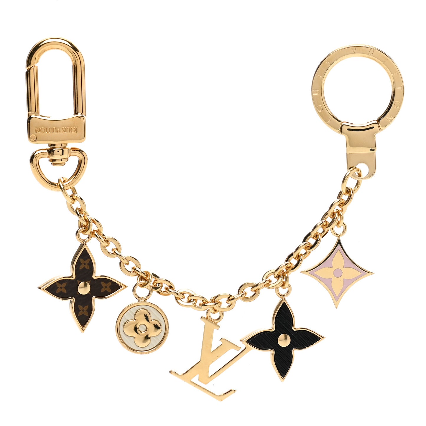 Brass Enamel Fleur De Monogram Bag Charm Chain Gold