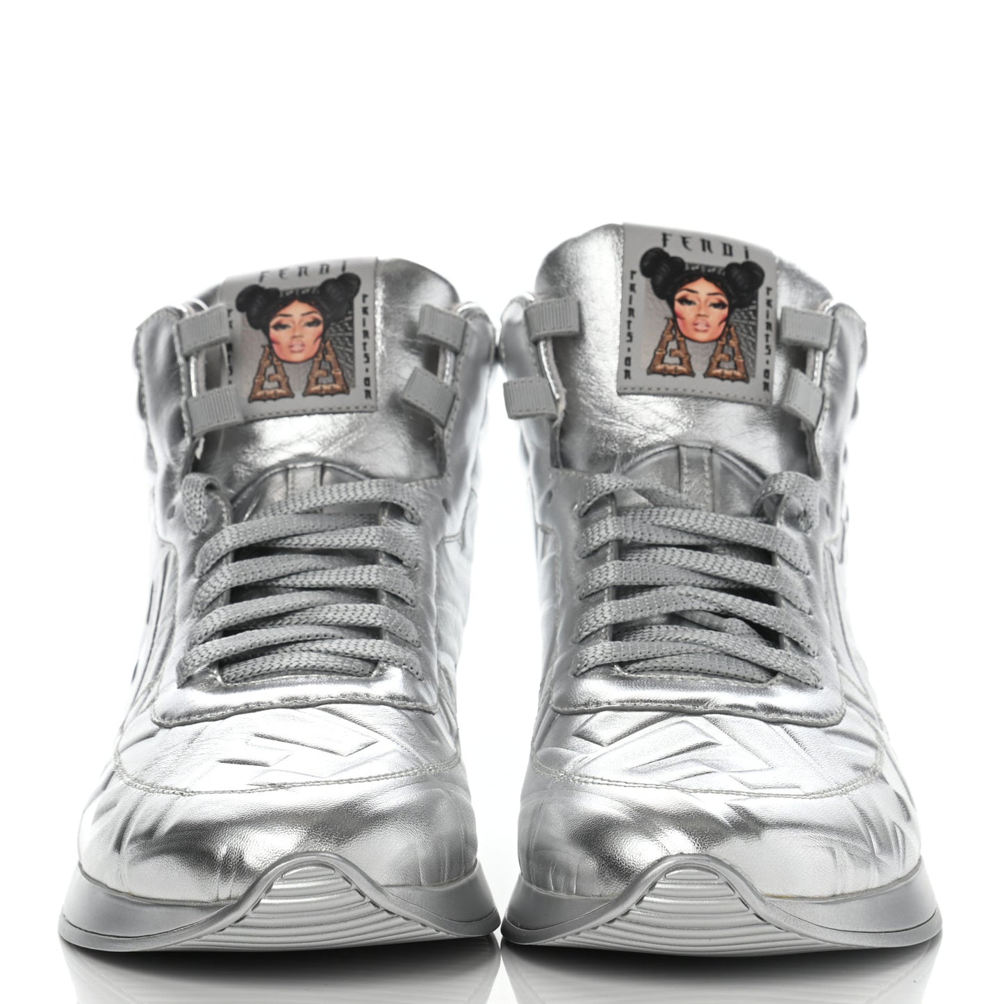 X NICKI MINAJ Metallic Nappa Macro FF Embossed Prints On High Top Sneakers 37 Silver