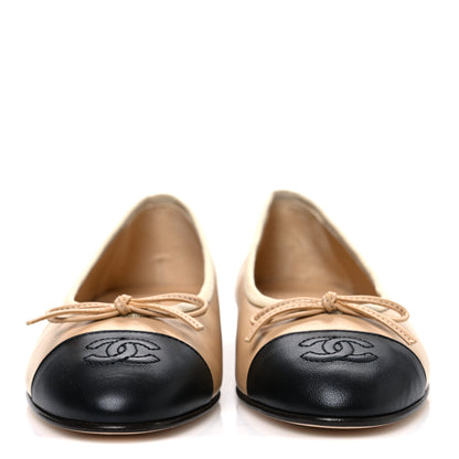 Chanel Lambskin Cap Toe CC Ballerina Flats 37 Beige Black 3 of 12