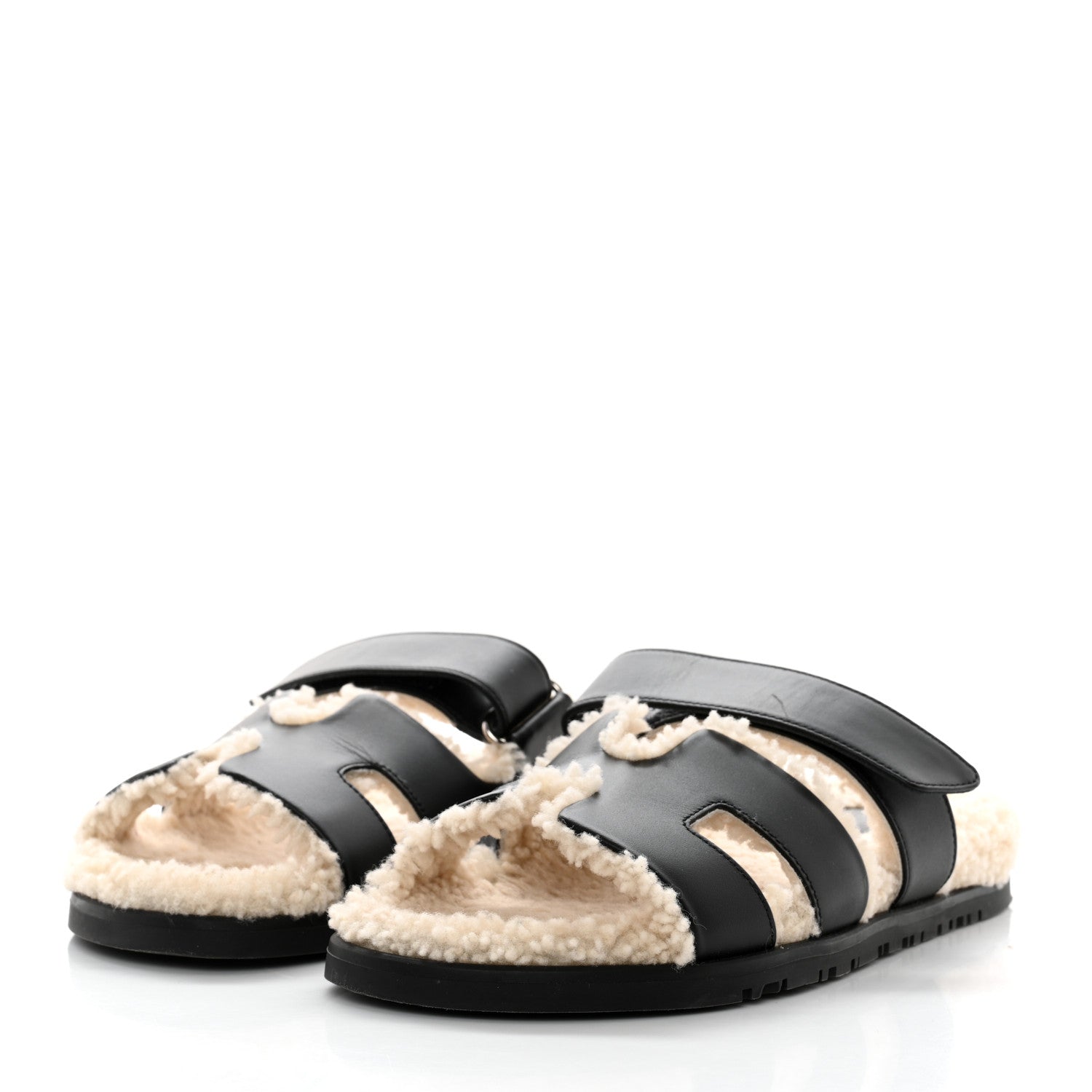 Hermes Calfskin Woolskin Womens Chypre Sandals 37.5 Black Ecru 3 of 9