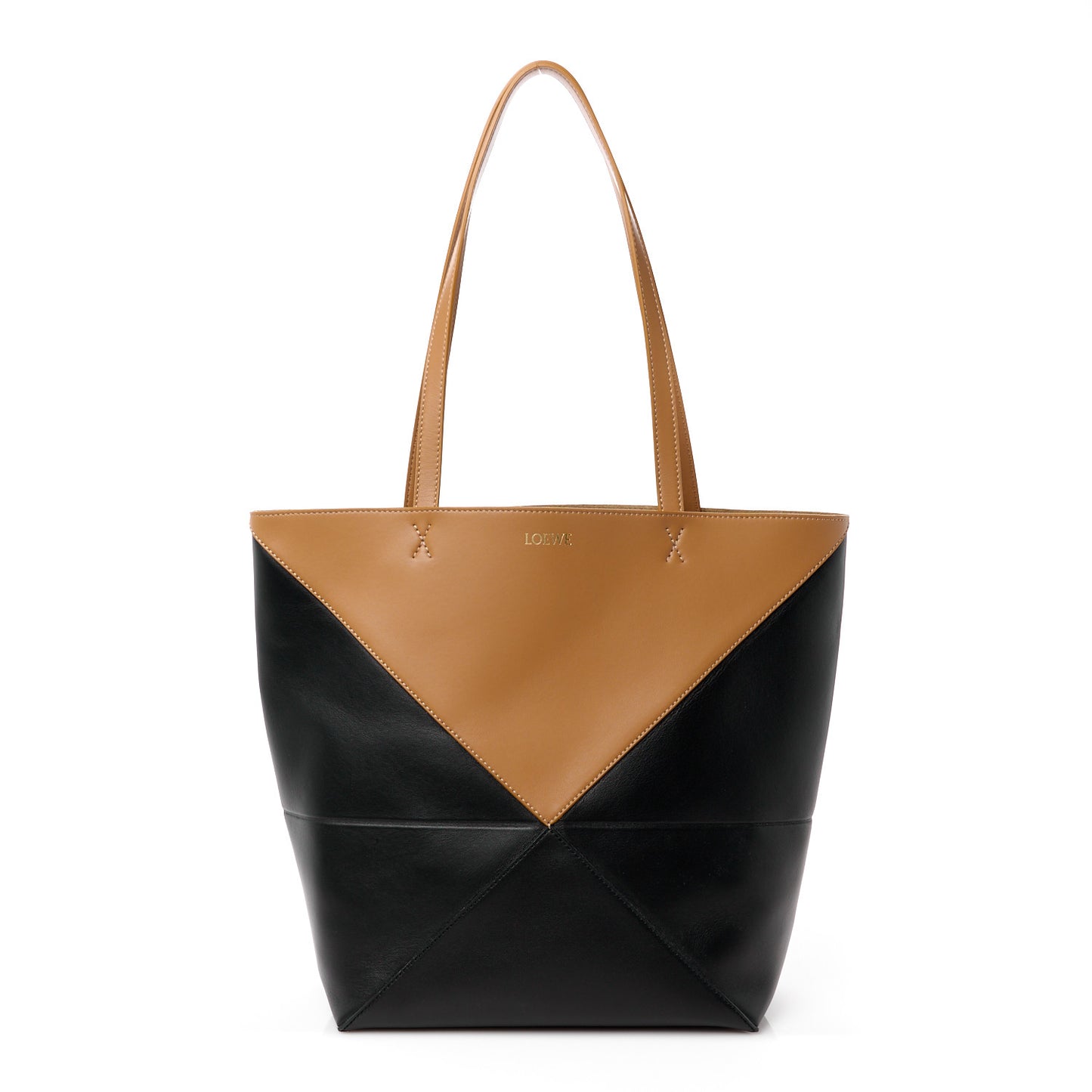 Shiny Calfskin Medium Puzzle Fold Tote Warm Desert Black
