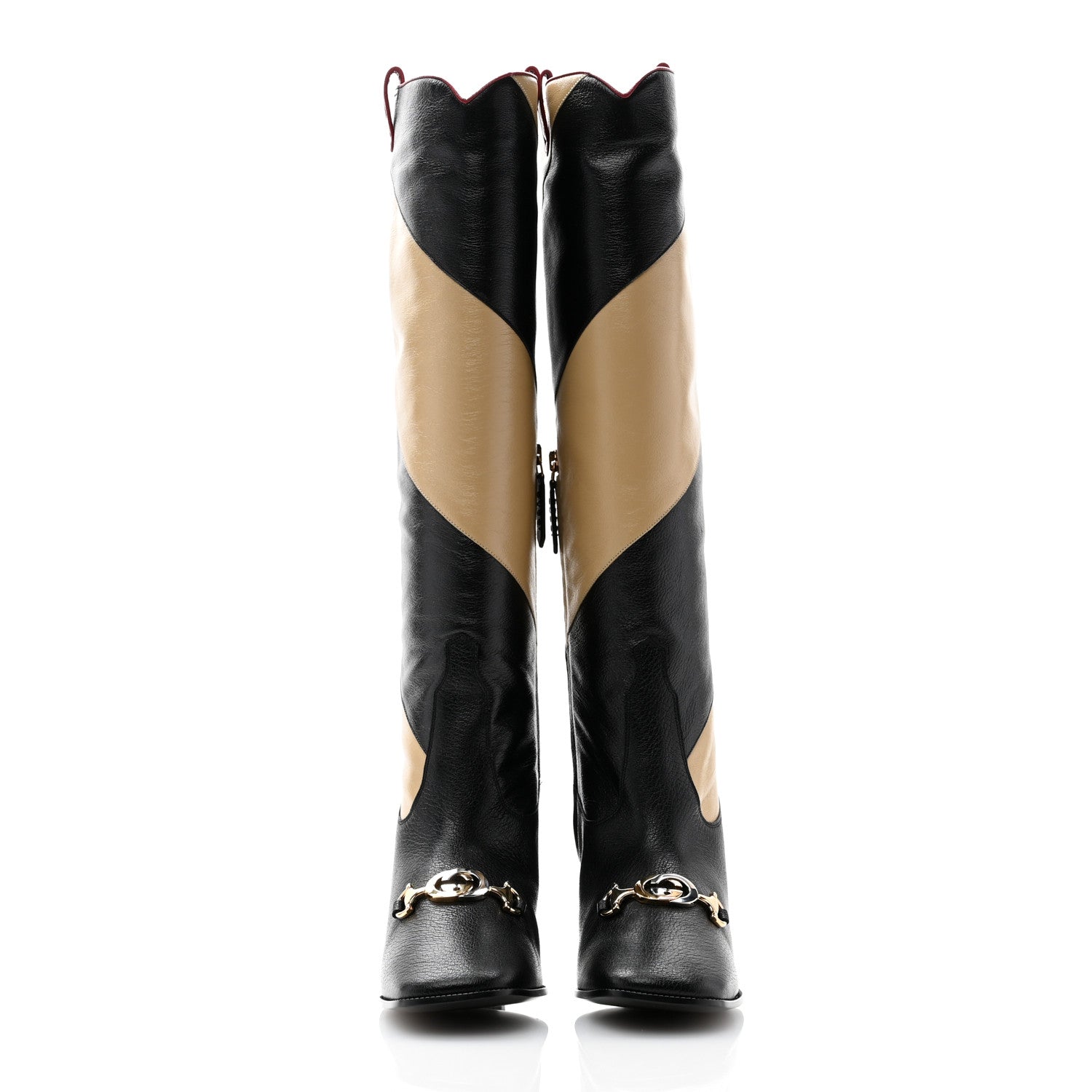 Gucci Calfskin Wrinkled Kid Diagonal Striped Zumi Knee Boots 38.5 Black Beige Romantic Cherry 2 of 11