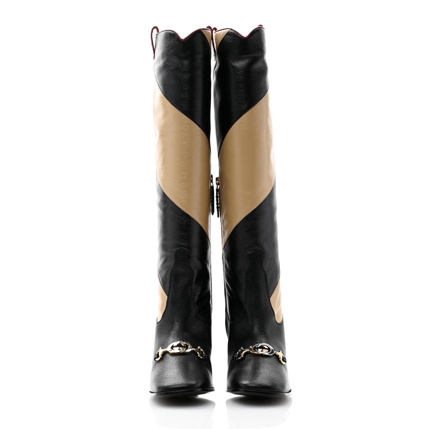 Calfskin Wrinkled Kid Diagonal Striped Zumi Knee Boots 38.5 Black Beige Romantic Cherry