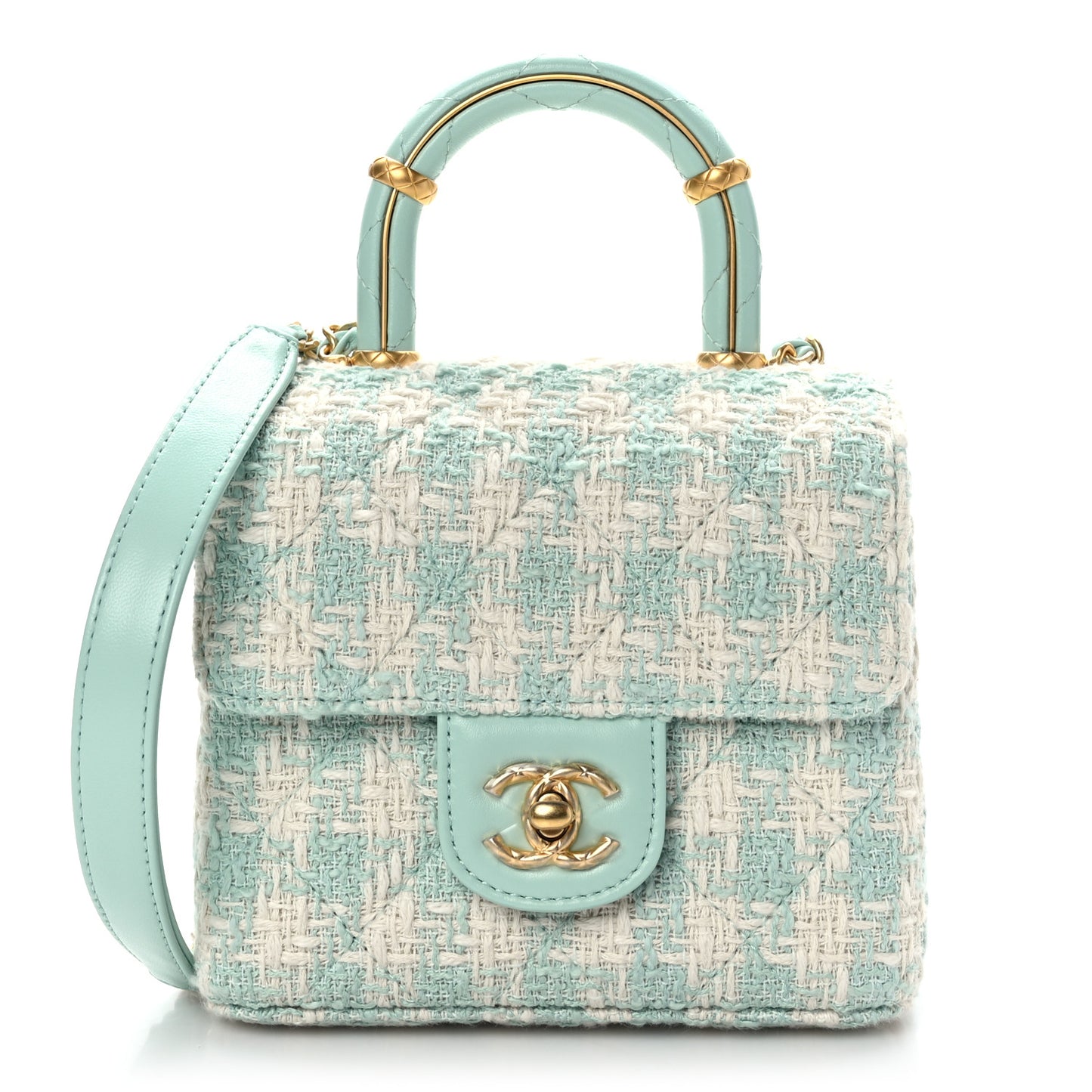 Tweed Handle Crush Top Handle Flap Bag Light Blue Ecru