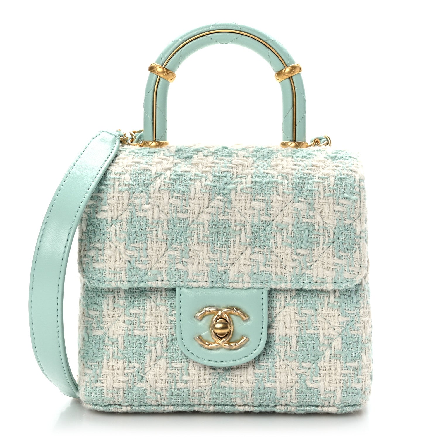 Chanel Tweed Handle Crush Top Handle Flap Bag Light Blue Ecru 1 of 9