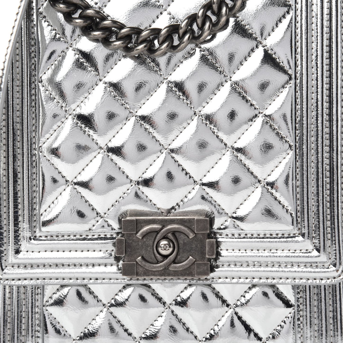 Metallic Goatskin Quilted North South Boy Flap Silver