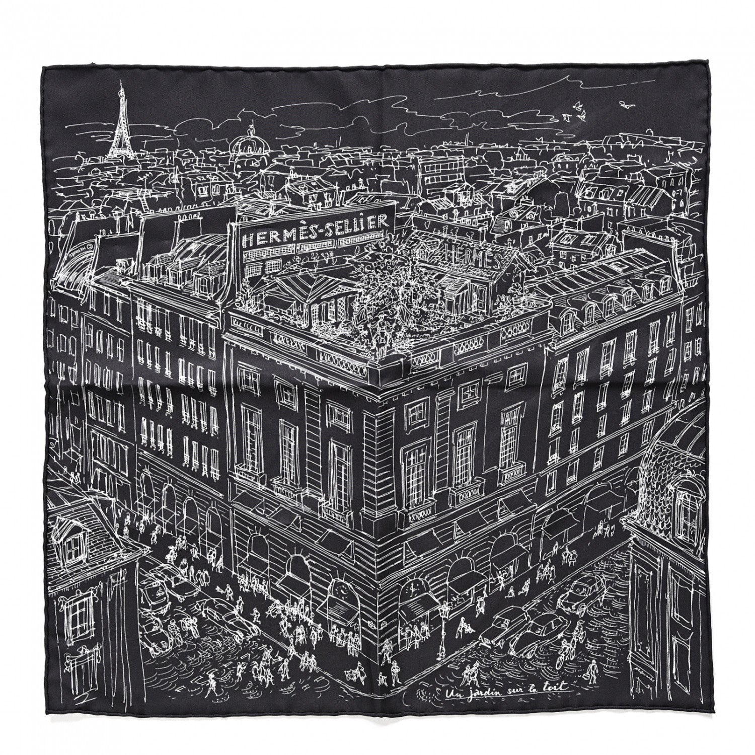 Hermes Silk Un Jardin Sur Le Toit Pocket Square Black White 1 of 4