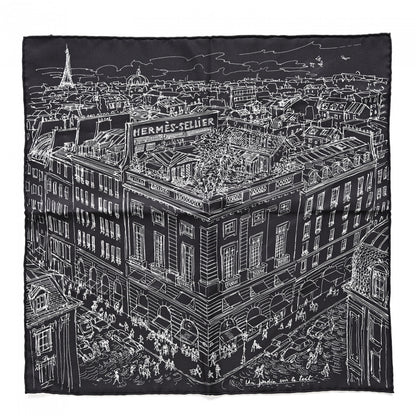Hermes Silk Un Jardin Sur Le Toit Pocket Square Black White 1 of 4