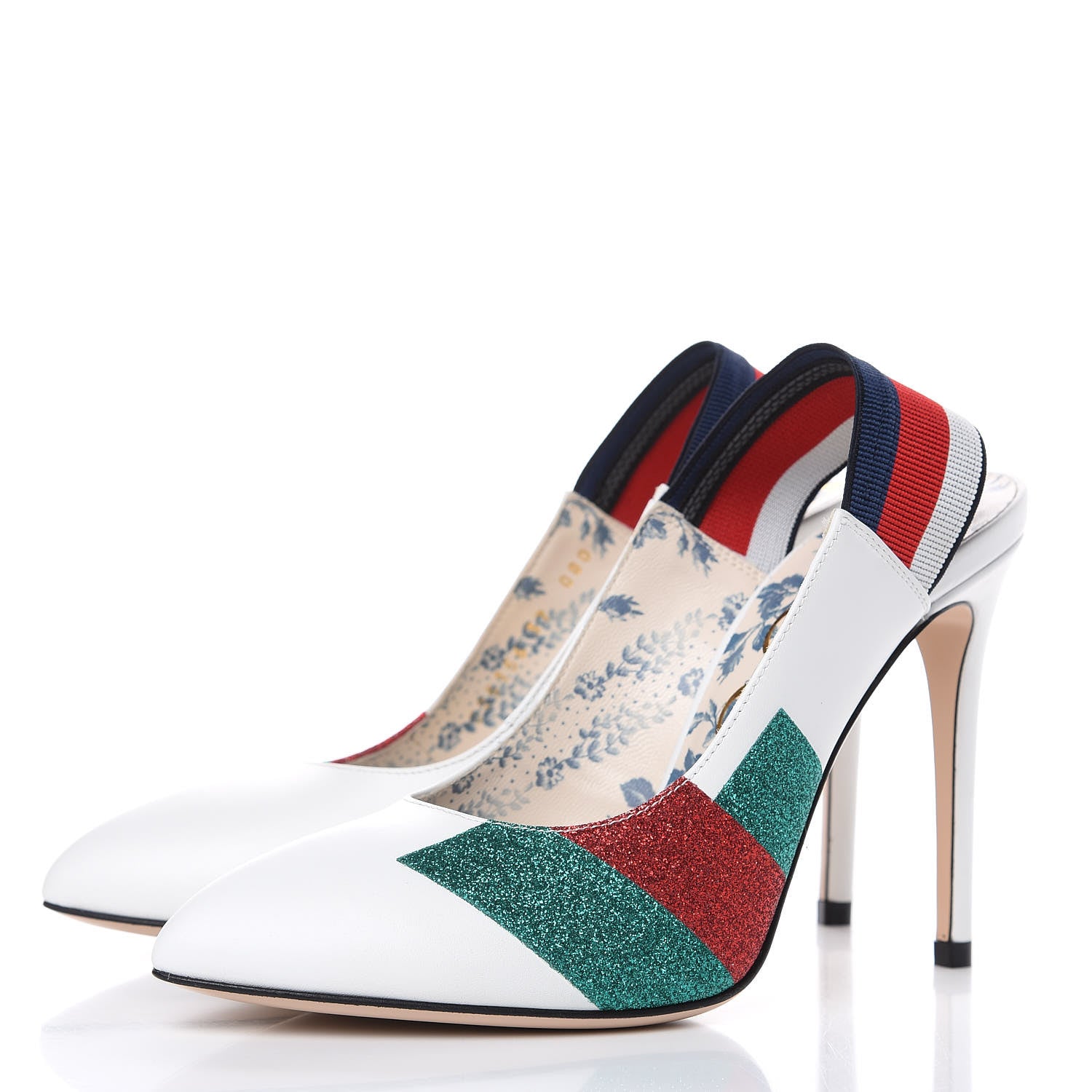 Gucci Calfskin Glitter Web High Heel Slingback Pumps 37 White 3 of 8