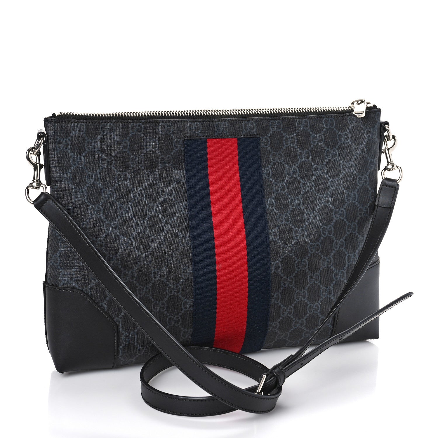 Gucci Soft GG Supreme Monogram Appia Calfskin Web East West Messenger Bag Black Grey 3 of 9