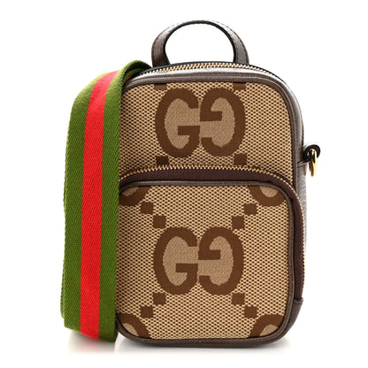 Gucci Monogram Jumbo GG Textured Dollar Calfskin Web Shoulder Bag Camel Ebony New Acero 1 of 10