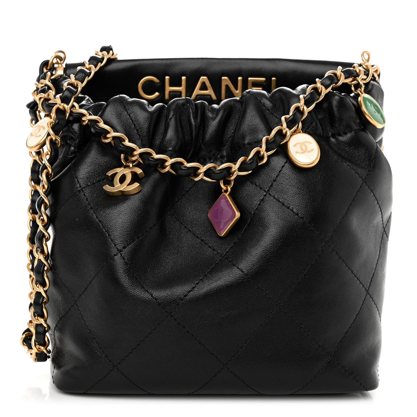 Lambskin Resin Quilted Small Bucket Bag Black