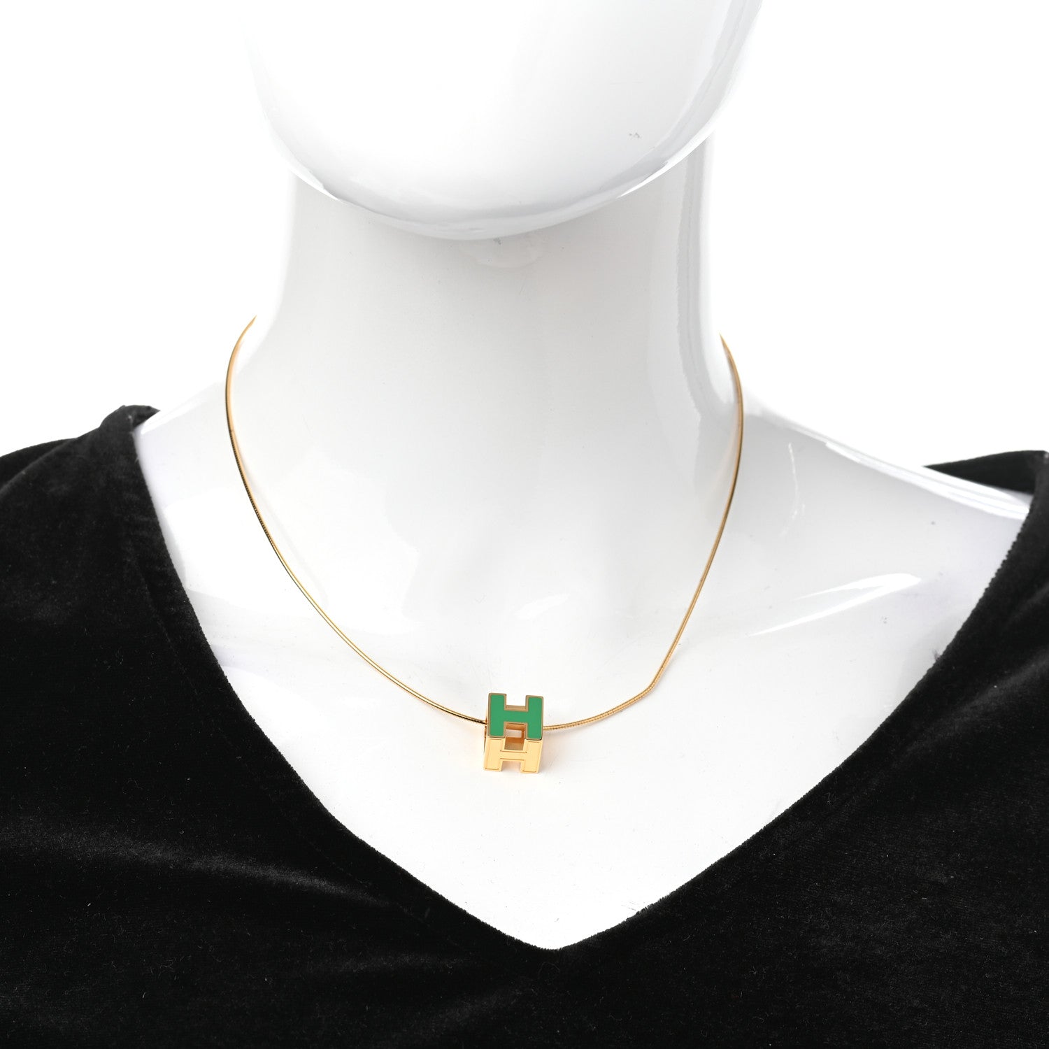 Hermes Gold Lacquered Cage d'H Pendant Necklace Vert Malachite 5 of 8