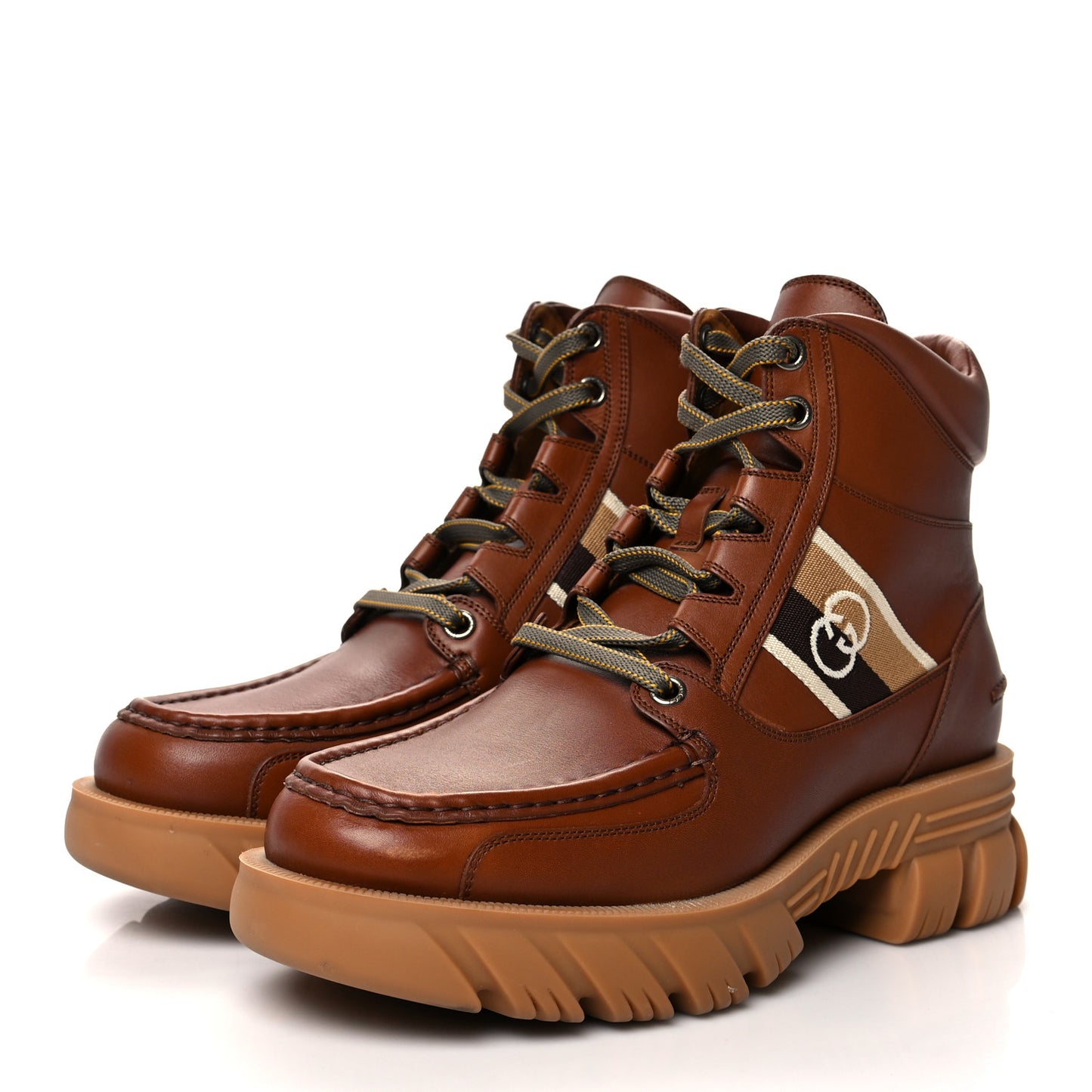 Quebec Calfskin Web Mens Interlocking G Lace Up Combat Boots 8.5 Cuir Mystic White Ebony Beige