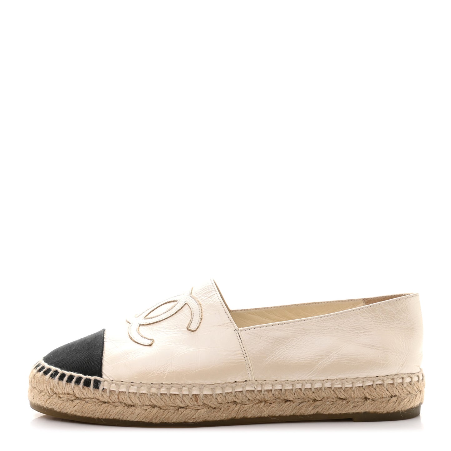 Metallic Calfskin Grosgrain CC Espadrilles 37 Ivory Black