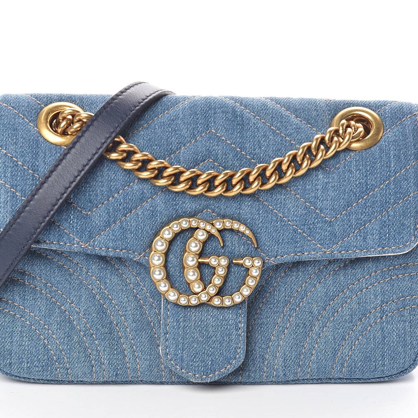 Denim Matelasse Mini Pearly GG Marmont Shoulder Bag Blue