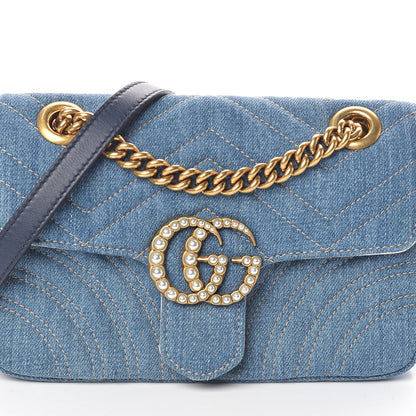 Gucci Denim Matelasse Mini Pearly GG Marmont Shoulder Bag Blue 7 of 9