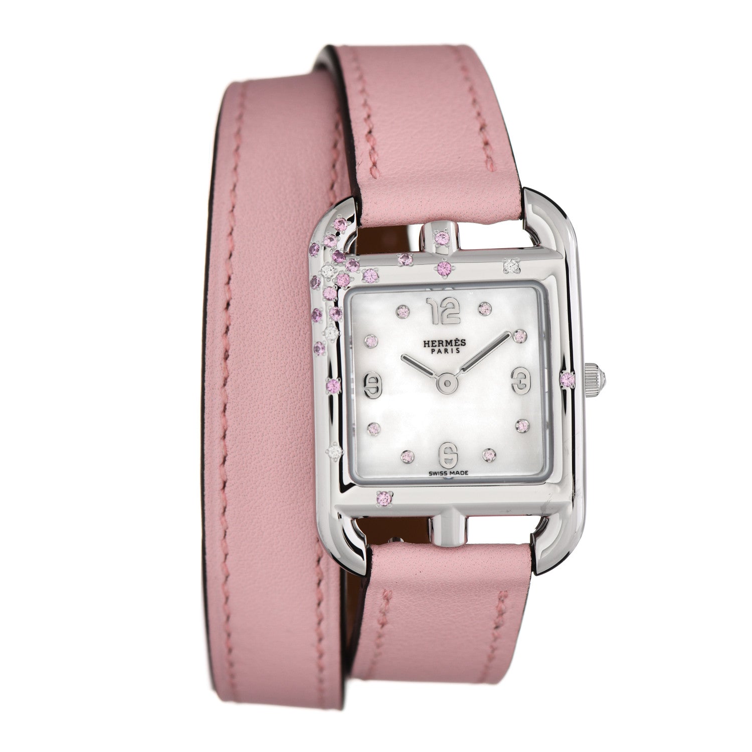 Hermes Stainless Steel Swift Diamond Pink Sapphire Mother of Pearl 23mm Cape Cod Double Tour Quartz Watch Rose Sakura 1 of 5