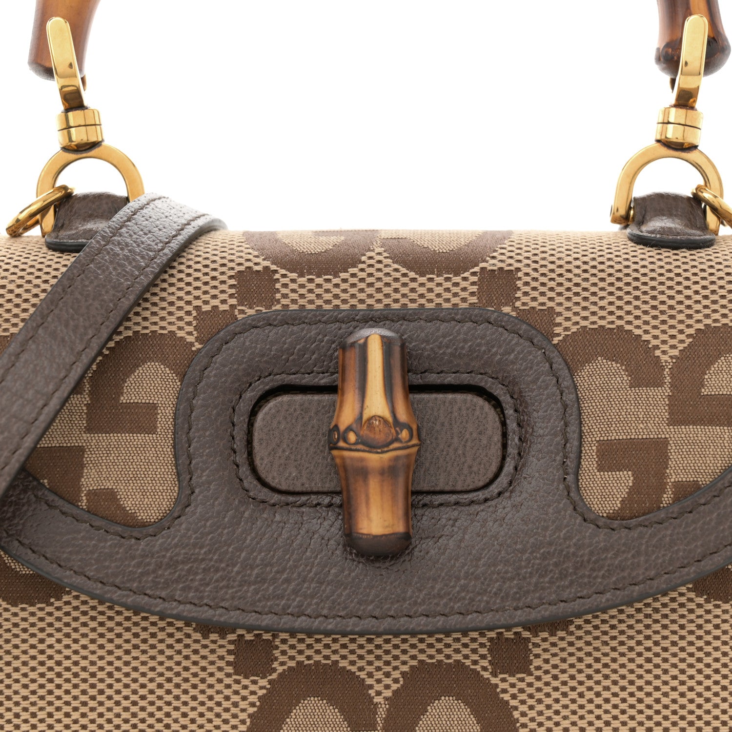 Gucci Monogram Jumbo GG Textured Dollar Calfskin Web Small Bamboo 1947 Top Handle Bag Camel Ebony New Acero 9 of 12