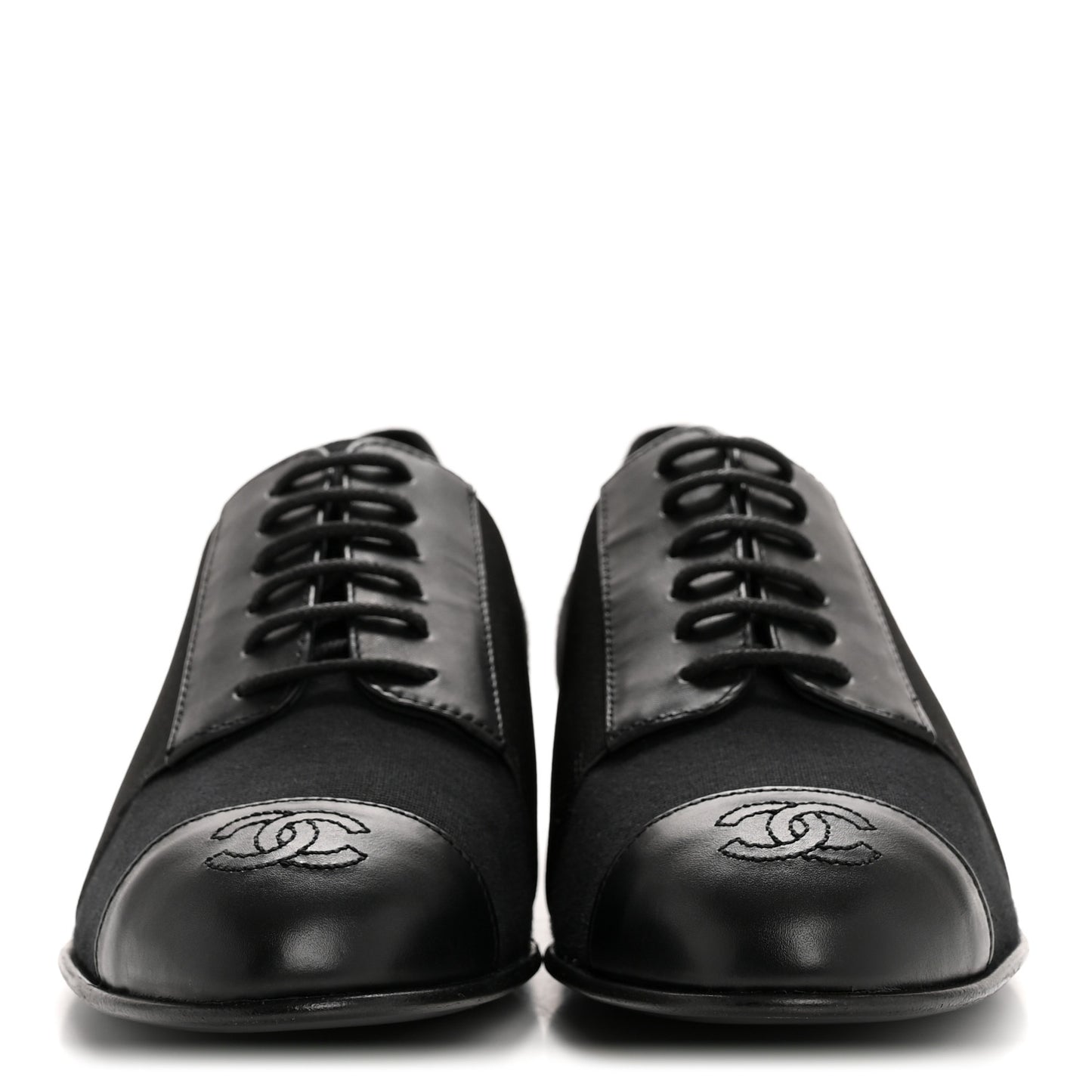 Calfskin Elastic Lace Up Cap Toe CC Loafers 35.5 Black