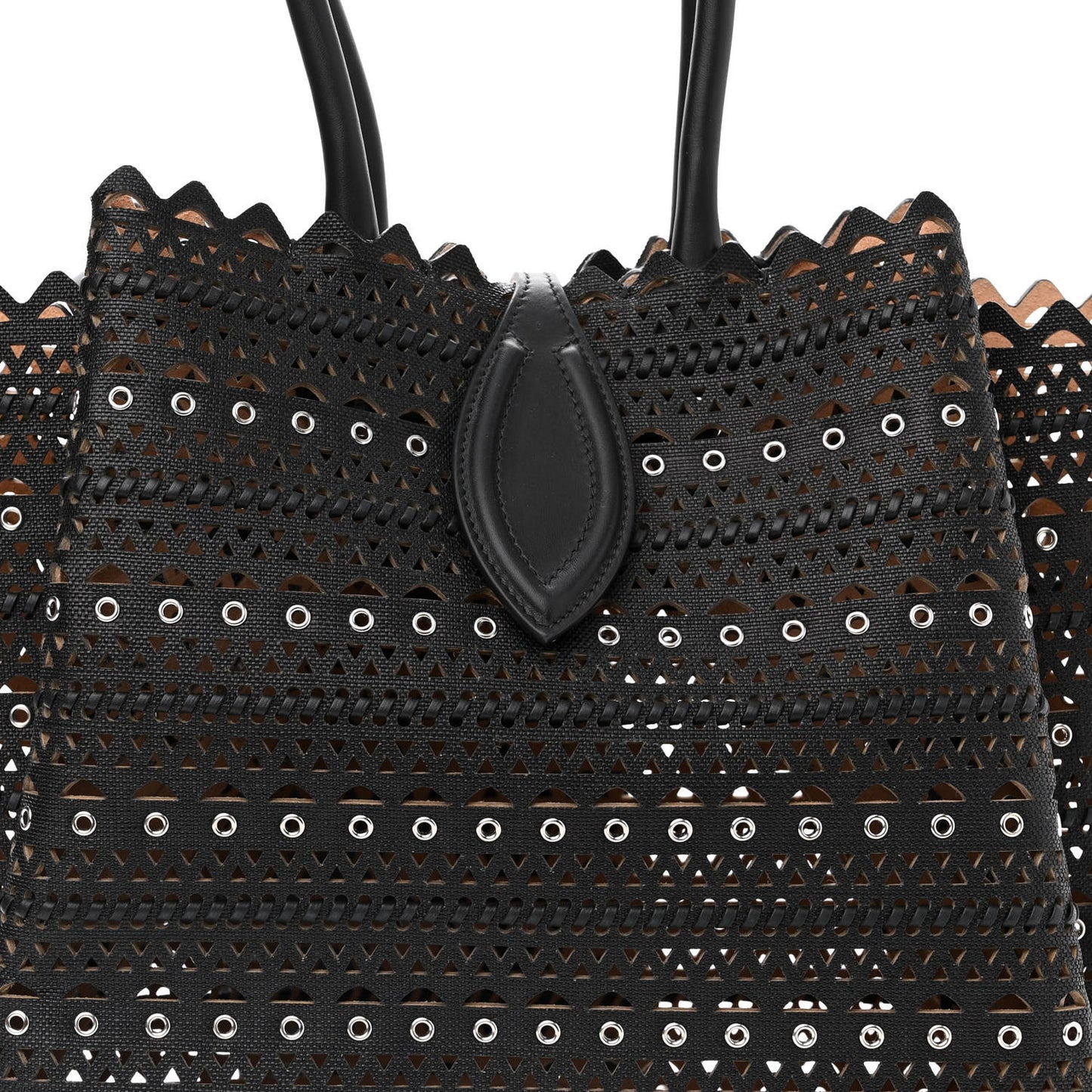Calfskin Laser Cut Grommet Angele 25 Tote Black