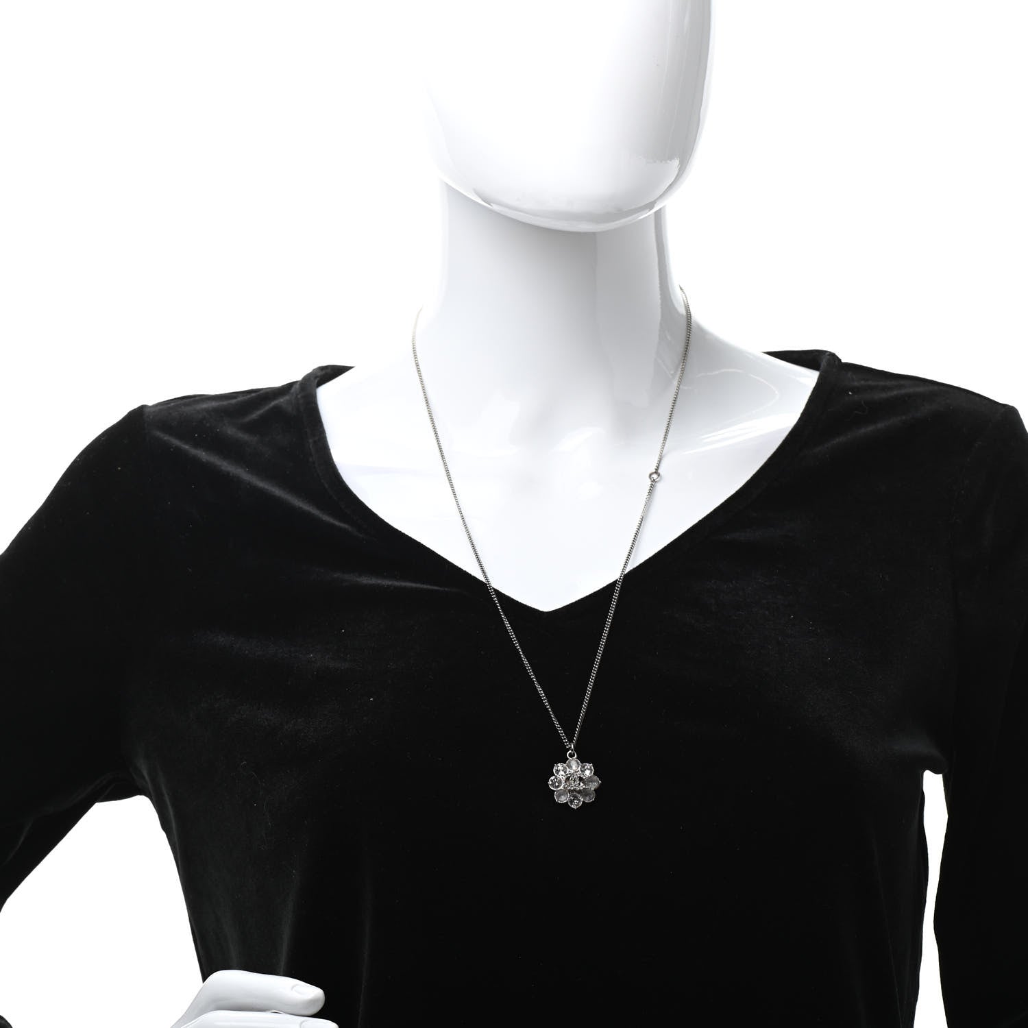 Chanel Crystal CC Flower Pendant Necklace Silver 2 of 6