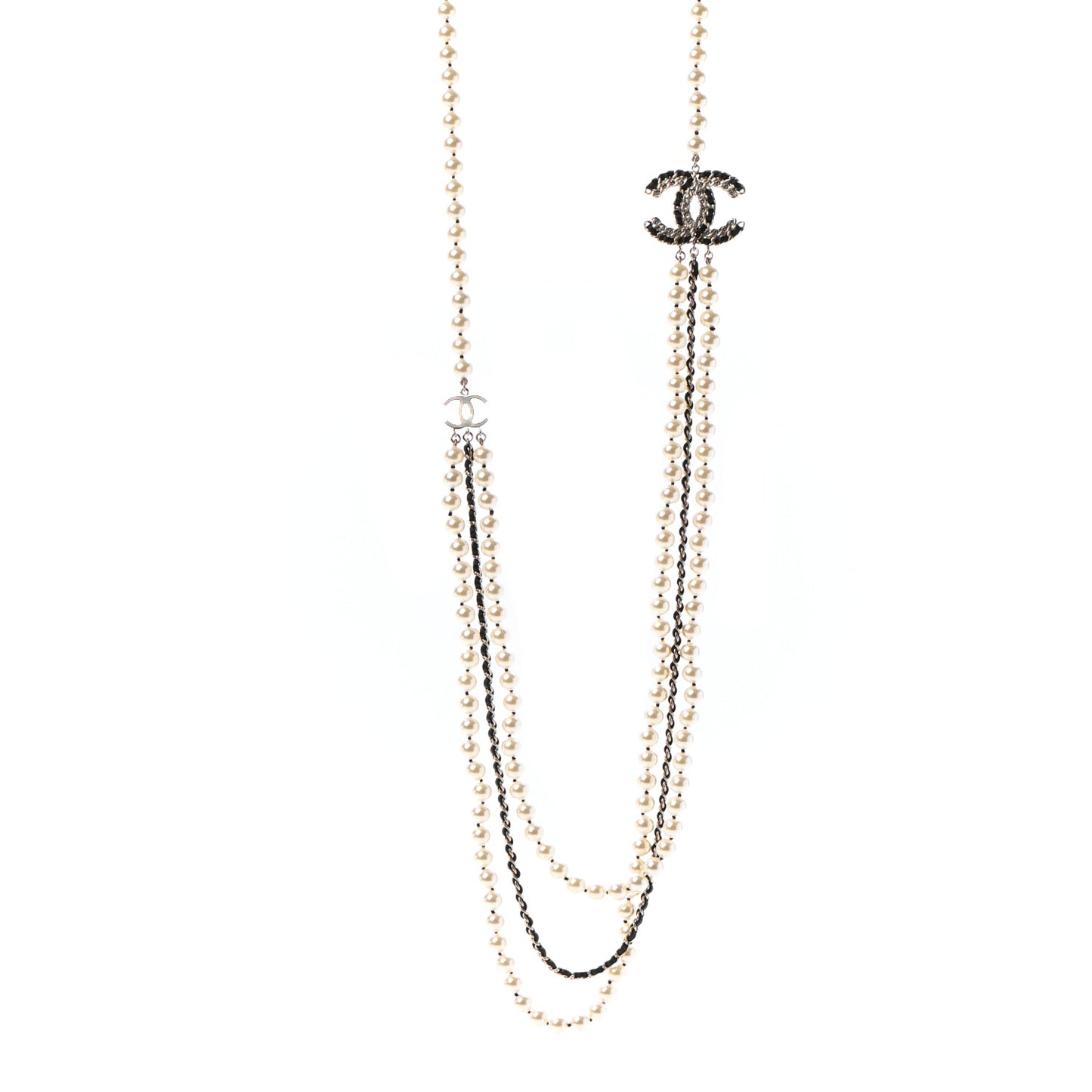 Lambskin Pearl Crystal CC Chain Necklace Black Gold
