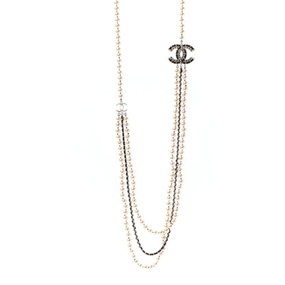 Chanel Lambskin Pearl Crystal CC Chain Necklace Black Gold 1 of 7